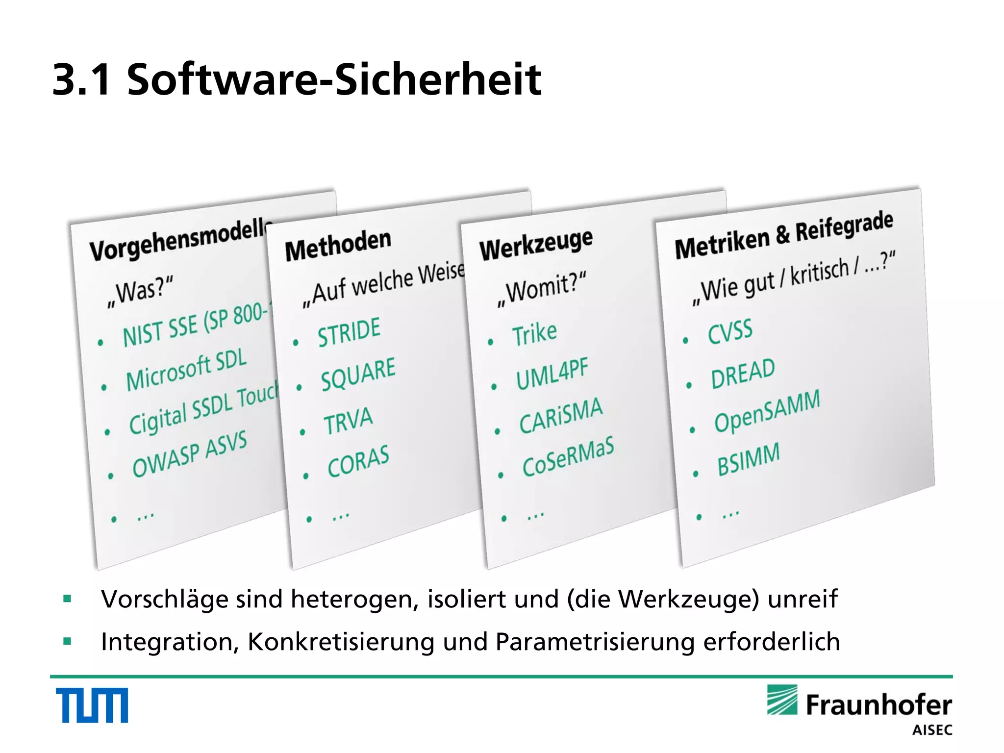 3.1 Software-Sicherheit
 Vorschläge sind heterogen, isoliert und (die Werkzeuge) unreif
 Integration, Konkretisierung und Parametrisierung erforderlich
 