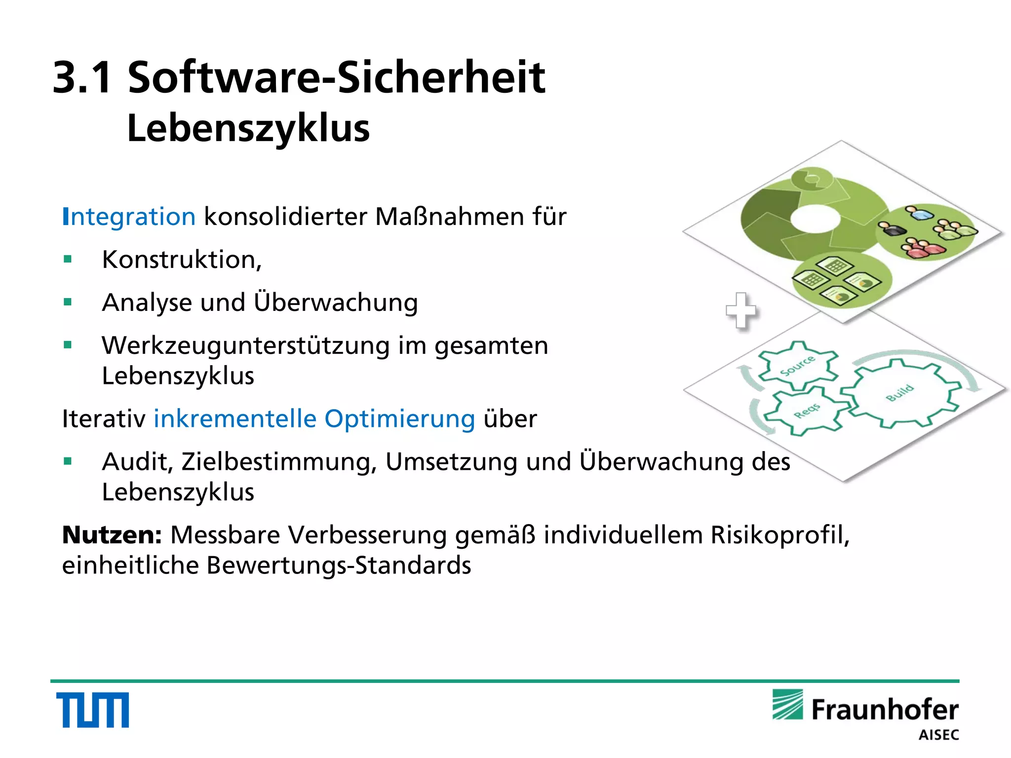 Integration konsolidierter Maßnahmen für
 Konstruktion,
 Analyse und Überwachung
 Werkzeugunterstützung im gesamten
Lebenszyklus
Iterativ inkrementelle Optimierung über
 Audit, Zielbestimmung, Umsetzung und Überwachung des
Lebenszyklus
Nutzen: Messbare Verbesserung gemäß individuellem Risikoprofil,
einheitliche Bewertungs-Standards
3.1 Software-Sicherheit
Lebenszyklus
 