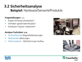 3.2 Sicherheitsanalyse
Beispiel: Hardware/Sensorik/Produkte
Fragestellungen: u.a.
 Krypto-Schlüssel extrahierbar?
 Verhalten gezielt beeinflussbar?
 Hardware-Trojaner implantiert?
Analyse-Techniken: u.a.
 Hochauflösende Magnetfeldmessungen
 Multisonden-Messungen
 Fehler-Injektion: Mehrfach-Laser-Aufbau
 