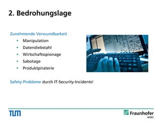 2. Bedrohungslage
Zunehmende Verwundbarkeit
 Manipulation
 Datendiebstahl
 Wirtschaftsspionage
 Sabotage
 Produktpiraterie
Safety-Probleme durch IT-Security-Incidents!
 