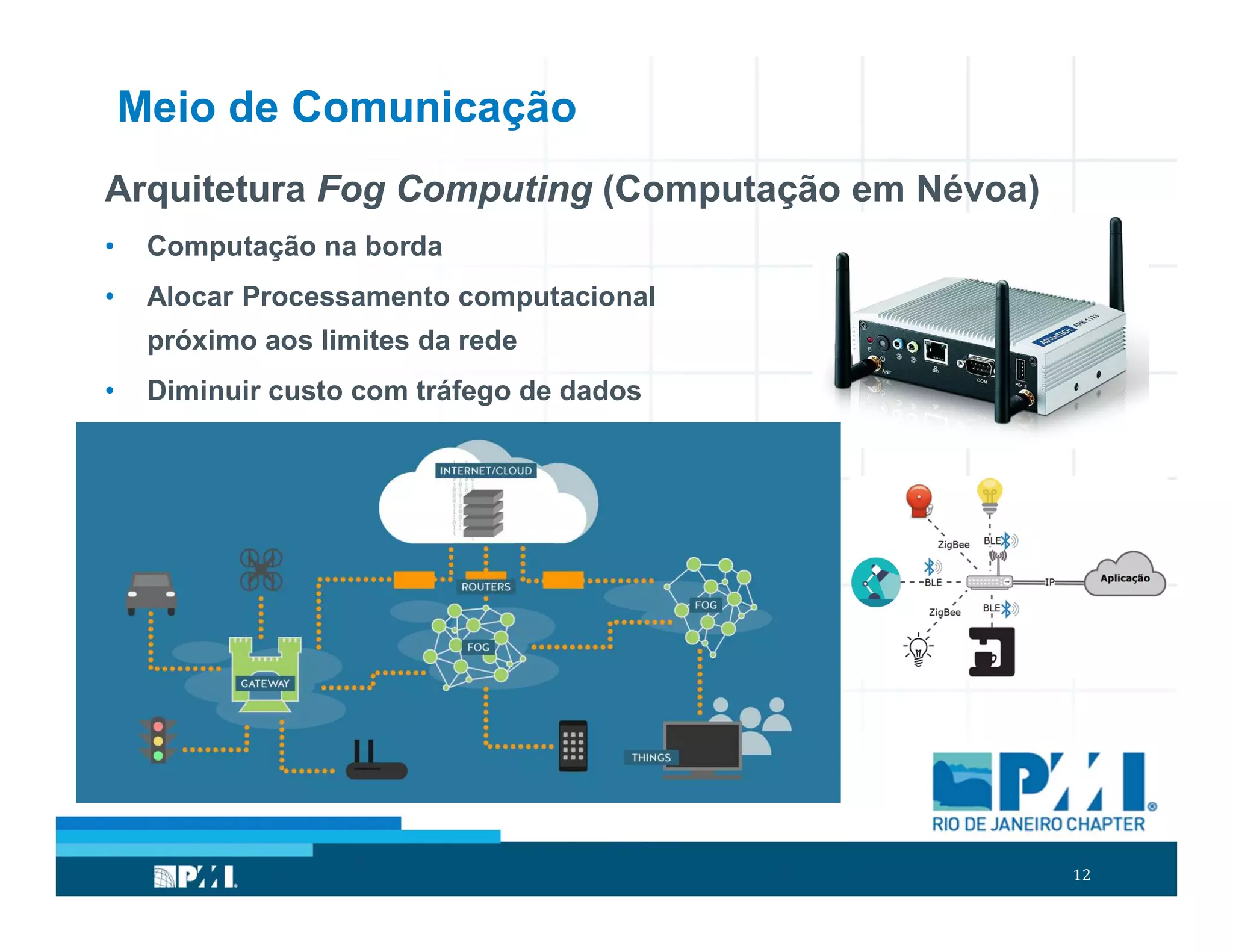 12
Meio de Comunicação
Arquitetura Fog Computing (Computação em Névoa)
• Computação na borda
• Alocar Processamento computacional
próximo aos limites da rede
• Diminuir custo com tráfego de dados
 