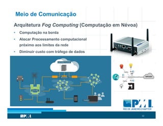 12
Meio de Comunicação
Arquitetura Fog Computing (Computação em Névoa)
• Computação na borda
• Alocar Processamento computacional
próximo aos limites da rede
• Diminuir custo com tráfego de dados
 