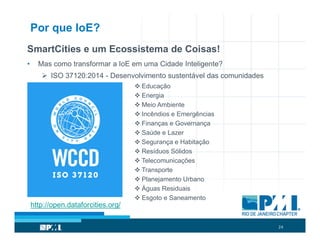24
Por que IoE?
SmartCities e um Ecossistema de Coisas!
• Mas como transformar a IoE em uma Cidade Inteligente?
 ISO 37120:2014 - Desenvolvimento sustentável das comunidades
 Educação
 Energia
 Meio Ambiente
 Incêndios e Emergências
 Finanças e Governança
 Saúde e Lazer
 Segurança e Habitação
 Resíduos Sólidos
 Telecomunicações
 Transporte
 Planejamento Urbano
 Águas Residuais
 Esgoto e Saneamento
http://open.dataforcities.org/
 