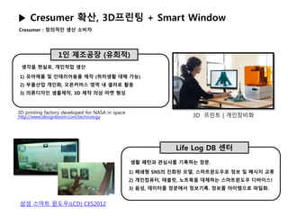 ▶ Cresumer 확산, 3D프린팅 + Smart Window
Cresumer : 창의적인 생산 소비자
1인 제조공장 (유희적)
Life Log DB 센터
삼성 스마트 윈도우(LCD) CES2012
3D 프린트 | 개인장비화
생각을 현실로, 개인작업 생산
1) 유아제품 및 인테리어용품 제작 (취미생활 대체 가능)
2) 부품산업 개인화, 오픈커머스 영역 내 셀러로 활동
3) 의류디자인 샘플제작, 3D 제작 의상 마켓 형성
3D printing factory developed for NASA in space
http://www.designboom.com/technology
생활 패턴과 관심사를 기록하는 창문.
1) 폐쇄형 SNS의 진화된 모델, 스마트윈도우로 정보 및 메시지 교류
2) 개인컴퓨터, 태블릿, 노트북을 대체하는 스마트윈도우 디바이스!
3) 음성, 데이터를 창문에서 정보기록. 정보를 아이템으로 파일화.
 