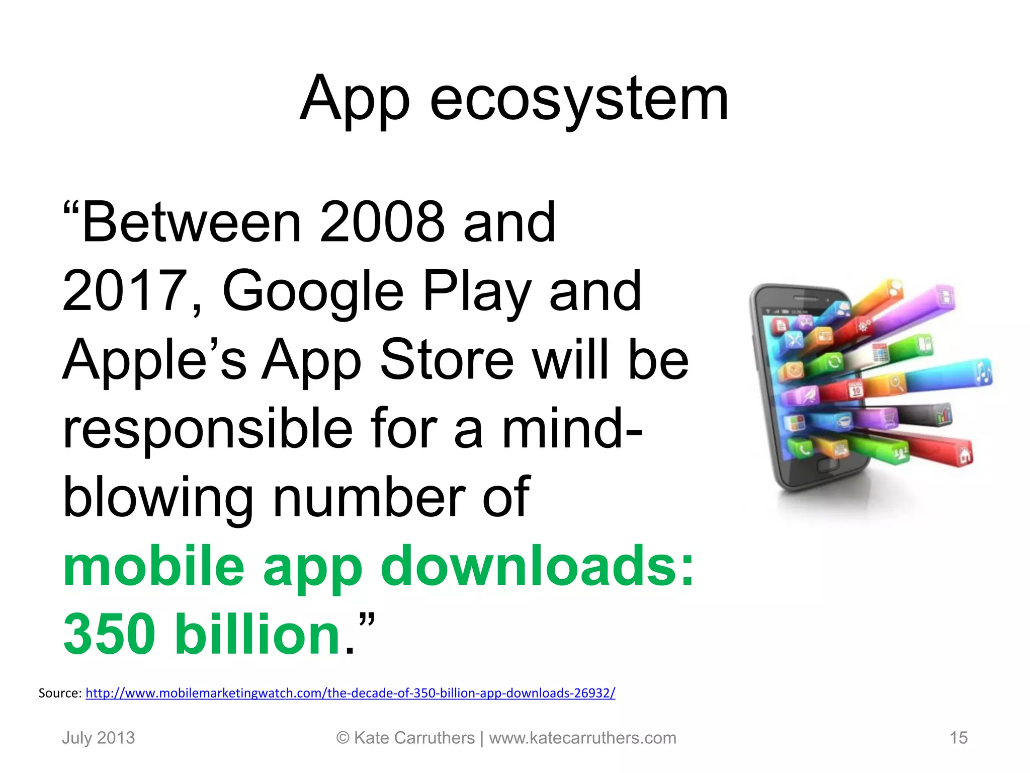 App ecosystem
“Between 2008 and
2017, Google Play and
Apple’s App Store will be
responsible for a mind-
blowing number of
mobile app downloads:
350 billion.”
July 2013 © Kate Carruthers | www.katecarruthers.com 15
Source: http://www.mobilemarketingwatch.com/the-decade-of-350-billion-app-downloads-26932/
 