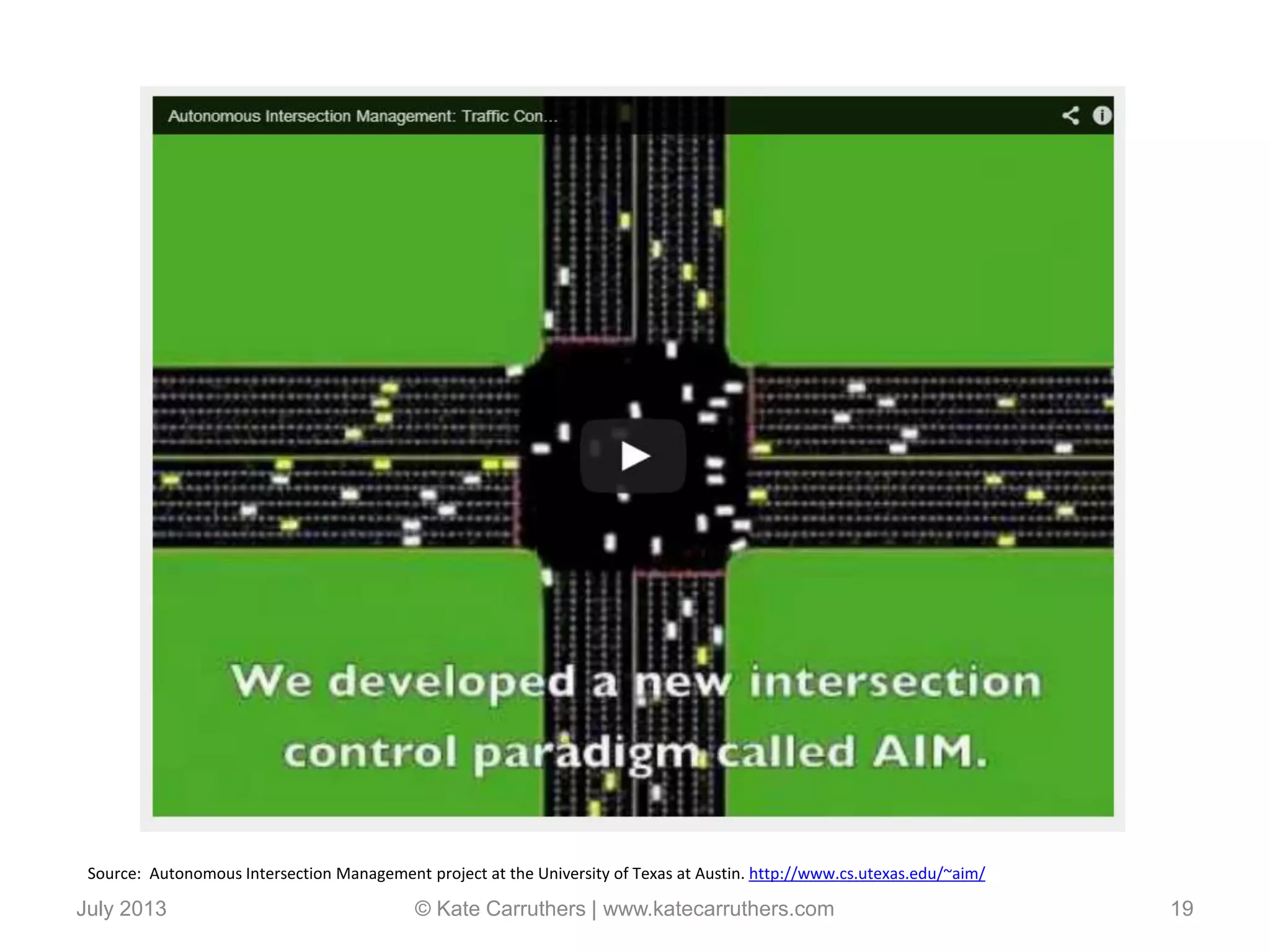July 2013 © Kate Carruthers | www.katecarruthers.com 19
Source: Autonomous Intersection Management project at the University of Texas at Austin. http://www.cs.utexas.edu/~aim/
 