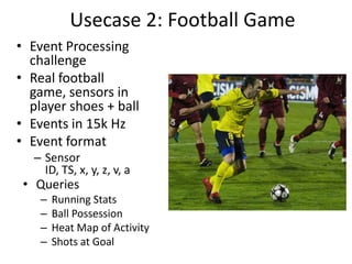 Usecase 2: Football Game
• Event Processing
challenge
• Real football
game, sensors in
player shoes + ball
• Events in 15k Hz
• Event format
– Sensor
ID, TS, x, y, z, v, a

• Queries
–
–
–
–

Running Stats
Ball Possession
Heat Map of Activity
Shots at Goal

 