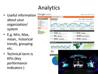 Analytics
• Useful information
about your
organization/
system
• E.g. Min, Max,
mean, historical
trends, grouping
etc.
• T...