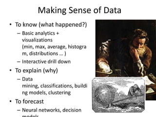 Making Sense of Data
• To know (what happened?)
– Basic analytics +
visualizations
(min, max, average, histogra
m, distributions … )
– Interactive drill down

• To explain (why)
– Data
mining, classifications, buildi
ng models, clustering

• To forecast
– Neural networks, decision

 