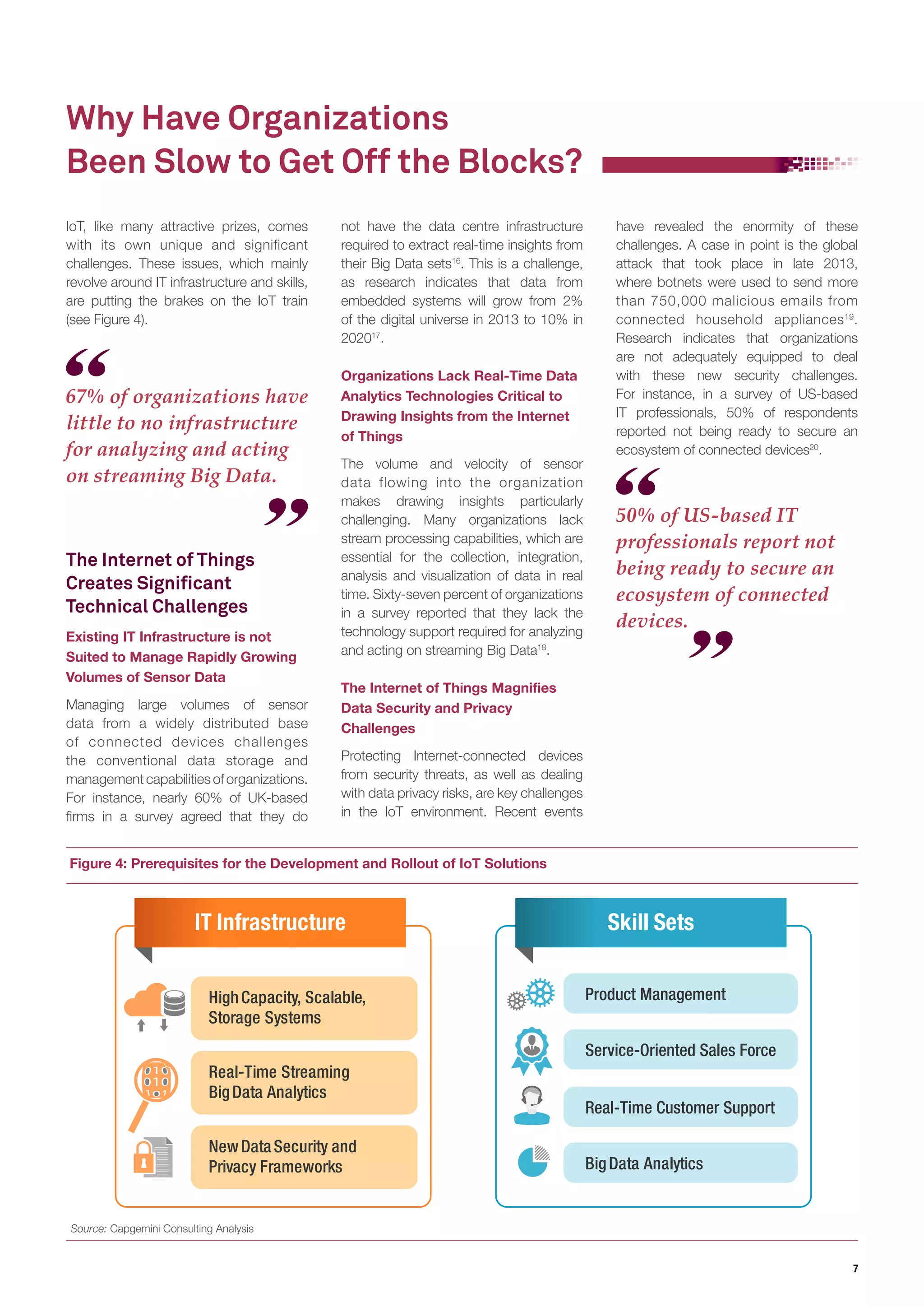 7
IoT, like many attractive prizes, comes
with its own unique and significant
challenges. These issues, which mainly
revolve around IT infrastructure and skills,
are putting the brakes on the IoT train
(see Figure 4).
Why Have Organizations
Been Slow to Get Off the Blocks?
The Internet of Things
Creates Significant
Technical Challenges
Existing IT Infrastructure is not
Suited to Manage Rapidly Growing
Volumes of Sensor Data
Managing large volumes of sensor
data from a widely distributed base
of connected devices challenges
the conventional data storage and
management capabilities of organizations.
For instance, nearly 60% of UK-based
firms in a survey agreed that they do
67% of organizations have
little to no infrastructure
for analyzing and acting
on streaming Big Data.
50% of US-based IT
professionals report not
being ready to secure an
ecosystem of connected
devices.
not have the data centre infrastructure
required to extract real-time insights from
their Big Data sets16
. This is a challenge,
as research indicates that data from
embedded systems will grow from 2%
of the digital universe in 2013 to 10% in
202017
.
Organizations Lack Real-Time Data
Analytics Technologies Critical to
Drawing Insights from the Internet
of Things
The volume and velocity of sensor
data flowing into the organization
makes drawing insights particularly
challenging. Many organizations lack
stream processing capabilities, which are
essential for the collection, integration,
analysis and visualization of data in real
time. Sixty-seven percent of organizations
in a survey reported that they lack the
technology support required for analyzing
and acting on streaming Big Data18
.
The Internet of Things Magnifies
Data Security and Privacy
Challenges
Protecting Internet-connected devices
from security threats, as well as dealing
with data privacy risks, are key challenges
in the IoT environment. Recent events
have revealed the enormity of these
challenges. A case in point is the global
attack that took place in late 2013,
where botnets were used to send more
than 750,000 malicious emails from
connected household appliances19
.
Research indicates that organizations
are not adequately equipped to deal
with these new security challenges.
For instance, in a survey of US-based
IT professionals, 50% of respondents
reported not being ready to secure an
ecosystem of connected devices20
.
Figure 4: Prerequisites for the Development and Rollout of IoT Solutions
Source: Capgemini Consulting Analysis
IT Infrastructure Skill Sets
Service-Oriented Sales Force
Product Management
BigData Analytics
Real-Time Customer Support
HighCapacity, Scalable,
Storage Systems
Real-Time Streaming
BigData Analytics
NewDataSecurity and
Privacy Frameworks
 