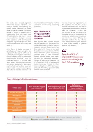 3
Our study also revealed significant
differences across industries. For
instance, industrial manufacturing and
medical device companies are clearly
ahead of other industries in the maturity
of their IoT solutions. Utilities and auto
manufacturing firms offer basic levels
of functionality, but lag when it comes
to more advanced offerings. Insurance,
home appliance and pharmaceutical
companies lag behind other industries
in providing even basic functionality (see
Figure 2).
John Deere, a leading company in
agricultural machinery, is among the few
organizations that provide a full suite of
functionality spanning basic information,
remote operability as well as performance
improvement support. With its
PowerSight solution, for example, John
Deere gathers data from its customers’
connected equipment, generates
machine health alerts, allows equipment
to be remotely programmed, and goes a
step further by providing customers with
Less than 30% of
organizations generate
service revenues from
their IoT solutions.
recommendations on improving machine
utilization and lowering operating
expenses4
.
Over Two-Thirds of
Companies Do Not
Monetize their IoT
Solutions
Early adopters of IoT solutions, such as
GE and General Motors, have shown how
connected products can be the platform
for service revenues. General Motors has
been a pioneer in the use of telematics
to create new revenue streams. With its
OnStar telematics system, the company
generates nearly $1.5 billion in revenues
annually, through several paid safety,
security and navigation services5
.
Similarly, GE launched its “Predictivity” line
of IoT services in 2012, to help industrial
customers manage the data from their
connected equipment. Within just a year
of launch, “Predictivity” generated $290
million in revenues for GE6
.
Figure 2: Maturity of IoT Solutions by Industry
Source: Capgemini Consulting Analysis
High Maturity : >60% of firms provide IoT solutions that support the feature
Medium Maturity : 40-60% of firms provide IoT solutions that support the featureLow Maturity : <40% of firms provide IoT solutions that support the feature
Industry Group
Basic Information Support
(Alerts and Notifications)
Industrial Manufacturing
Medical Devices
Utilities
Auto Manufacturing
Insurance
Home Appliances
Pharmaceuticals
Remote Operability Support
Performance
Improvement Support
(Remote Control and Configuration) (Predictive Maintenance/
Productivity Enhancement Insights)
However, these two organizations are
the exception, and not the rule. Our
research indicates that less than 30% of
organizations generate service revenues
from their connected products. And
the concerns around monetization are
clearly top of mind for organizations. An
executive at a leading car manufacturer
we interviewed said, “Offering the
telematics hardware for free with the
car is not a sustainable option. We need
to have a clear strategy to generate
revenues from services7
.”
 