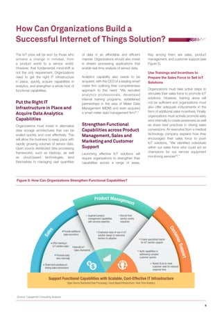 9
How Can Organizations Build a
Successful Internet of Things Solution?
The IoT prize will be won by those who
achieve a change in mindset, from
a product world to a service world.
However, that fundamental mind-shift is
not the only requirement. Organizations
need to get the right IT infrastructure
in place, quickly acquire capabilities in
analytics, and strengthen a whole host of
functional capabilities.
Put the Right IT
Infrastructure in Place and
Acquire Data Analytics
Capabilities
Organizations must invest in alternative
data storage architectures that can be
scaled quickly and cost effectively. This
will allow the business to keep pace with
rapidly growing volumes of sensor data.
Open source distributed data processing
frameworks, such as Hadoop, as well
as cloud-based technologies, lend
themselves to managing vast quantities
Figure 5: How Can Organizations Strengthen Functional Capabilities?
Source: Capgemini Consulting Analysis
of data in an affordable and efficient
manner. Organizations should also invest
in stream processing applications that
enable real-time analysis of sensor data.
Analytics capability also needs to be
acquired, with the CEO of a leading smart
meter firm outlining their comprehensive
approach to this need: “We recruited
analytics professionals, developed
internal training programs, established
partnerships in the area of Meter Data
Management (MDM) and even acquired
a smart meter data management firm28
.”
Strengthen Functional
Capabilities across Product
Management, Sales and
Marketing and Customer
Support
Launching effective IoT solutions will
require organizations to strengthen their
capabilities across a range of areas.
Key among them are sales, product
management, and customer support (see
Figure 5).
Use Trainings and Incentives to
Prepare the Sales Force to Sell IoT
Solutions
Organizations must take active steps to
stimulate their sales force to promote IoT
solutions. However, training alone will
not be sufficient and organizations must
also offer adequate inducements in the
form of additional sales incentives. Finally,
organizations must actively promote early
wins internally to create awareness as well
as share best practices in driving sales
conversions. An executive from a medical
technology company explains how they
encouraged their sales force to push
IoT solutions, “We identified individuals
within our sales force who could act as
champions for our remote equipment
monitoring services29
.”
Emphasize ease-of-use in IoT
solution design to overcome
barriers to adoption
Augment product
management capabilities
with services expertise
Recruit from
service-centric
industries
Create specialized teams
for IoT solution support
Build capabilities in
addressing complex
customer queries
Revise SLAs to meet
customer need for reduced
response time
Share best practices on
driving sales conversions
Promote early
wins internally
Identify IoT
sales champions
Offertrainingin
IoT solution sales
Provide additional
sales incentives
Support Functional Capabilities with Scalable, Cost-Effective IT Infrastructure
Open Source Distributed Data Processing | Cloud Based Infrastructure | Real-Time Analytics
Sales
Product Management
CustomerSupport
 