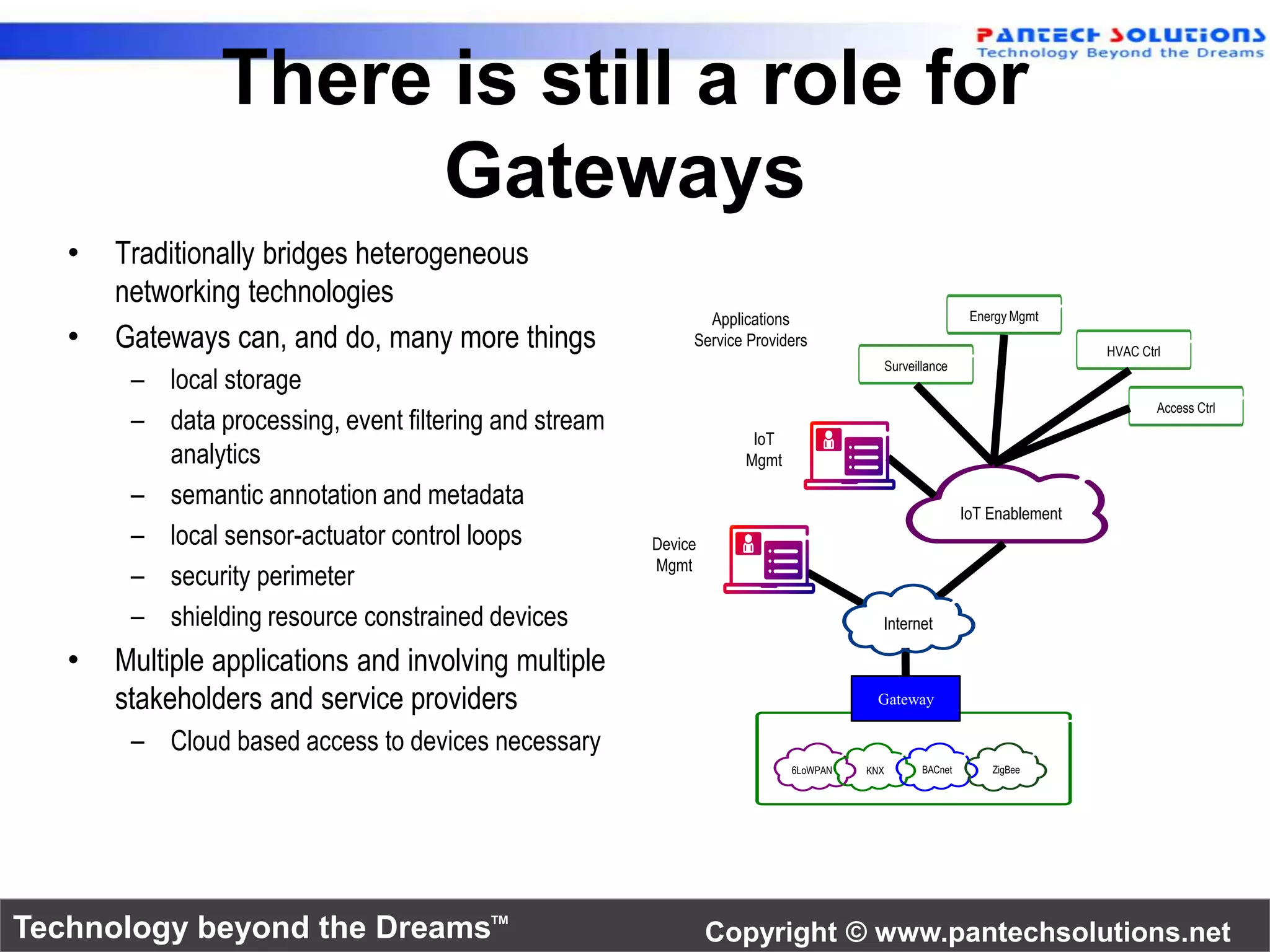 There is still a role for 
Gateways 
• Traditionally bridges heterogeneous 
networking technologies 
• Gateways can, and do, many more things 
– local storage 
– data processing, event filtering and stream 
analytics 
– semantic annotation and metadata 
– local sensor-actuator control loops 
– security perimeter 
– shielding resource constrained devices 
• Multiple applications and involving multiple 
stakeholders and service providers 
– Cloud based access to devices necessary 
Energy Mgmt 
IoT Enablement 
Surveillance 
Internet 
Gateway 
Service Providers 
6LoWPAN KNX BACnet ZigBee 
Device 
Mgmt 
Applications 
IoT 
Mgmt 
HVAC Ctrl 
Access Ctrl 
Technology beyond the Dreams™ Copyright © www.pantechsolutions.net 
 