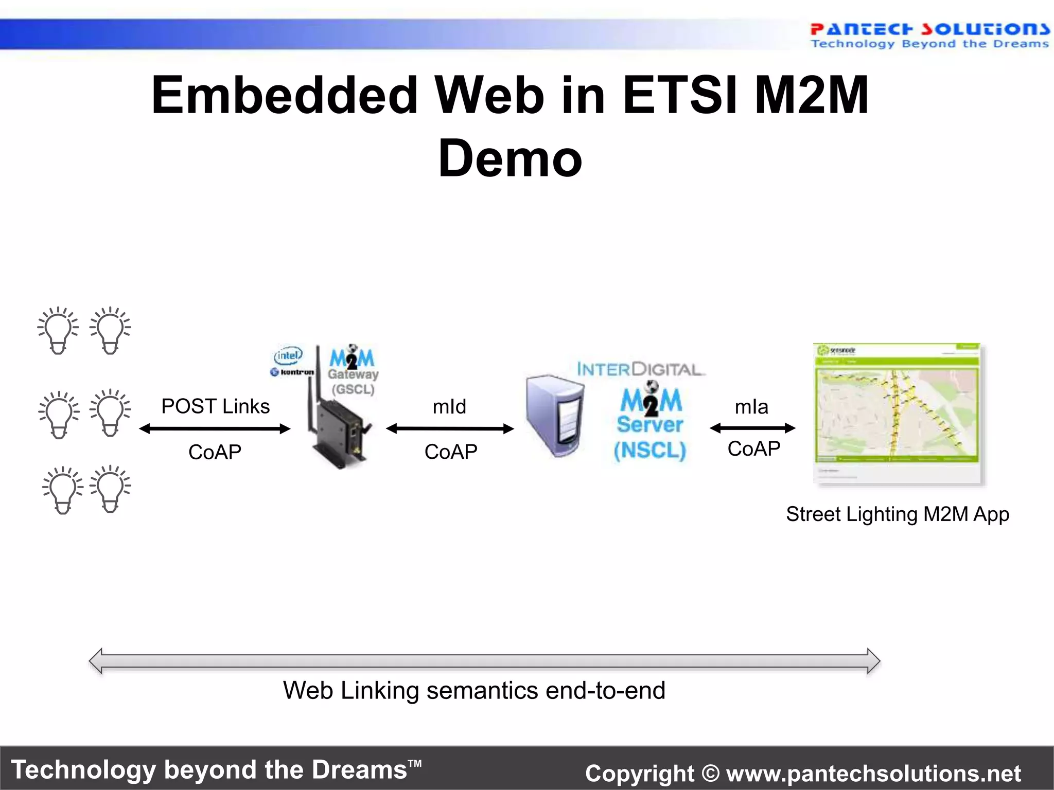 Embedded Web in ETSI M2M 
Demo 
Street Lighting M2M App 
POST Links mId mIa 
CoAP CoAP CoAP 
Web Linking semantics end-to-end 
Technology beyond the Dreams™ Copyright © www.pantechsolutions.net 
 