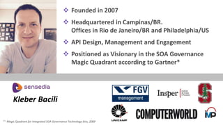 Kleber Bacili 
 Founded in 2007 
 Headquartered in Campinas/BR. 
Offices in Rio de Janeiro/BR and Philadelphia/US 
 API Design, Management and Engagement 
 Positioned as Visionary in the SOA Governance 
Magic Quadrant according to Gartner* 
(*) Magic Quadrant for Integrated SOA Governance Technology Sets, 2009 
 