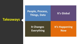 Takeaways 
People, Process, 
Things, Data 
It’s Global 
It Changes 
Everything 
It’s Happening 
Now 
 