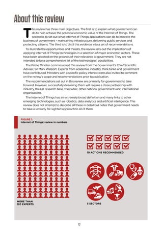 12
Aboutthisreview
T
his review has three main objectives. The first is to explain what government can
do to help achieve the potential economic value of the Internet of Things. The
second is to set out what Internet of Things applications can do to improve the
business of government – maintaining infrastructure, delivering public services and
protecting citizens. The third is to distil this evidence into a set of recommendations.
To illustrate the opportunities and threats, the review sets out the implications of
applying Internet of Things technologies in a selection of major economic sectors. These
have been selected on the grounds of their relevance to government. They are not
intended to be a comprehensive list of the technologies’ possibilities.
The Prime Minister commissioned this review from the Government’s Chief Scientific
Adviser, Sir Mark Walport. Experts from academia, industry, think tanks and government
have contributed. Ministers with a specific policy interest were also invited to comment
on the review’s scope and recommendations prior to publication.
The recommendations set out in this review are primarily for government to take
forward. However, successfully delivering them will require a close partnership with
industry, the UK research base, the public, other national governments and international
organisations.
The Internet of Things has an extremely broad definition and many links to other
emerging technologies, such as robotics, data analytics and artificial intelligence. This
review does not attempt to describe all these in detail but notes that government needs
to take a similarly far-sighted approach to all of them.
FIGURE 1:
Internet of Things: review in numbers
MORE THAN
120 EXPERTS
10 ACTIONS RECOMMENDED
5 SECTORS
 