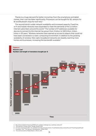 15
Thanks to a huge demand for better microchips from the smartphone and tablet
market, their cost has fallen significantly. Processors can be bought for $2, sensors for
$1 and Bluetooth chips for even less.5
The second trend is wider network availability and increased capacity. Fixed line,
wi-fi and mobile networks have expanded to meet the demands of the 2.3 billion
Internet subscribers around the world.6
The number of IP addresses available for
devices to connect to the Internet has grown from 4 billion to 340 trillion, trillion,
trillion in 35 years.7
Wireless networks have opened up access to objects that could not
have been connected in a static computing environment. In addition to the growing
availability of wireless, fibre-optic broadband networks are steadily reaching more
homes and businesses, increasing the bandwidth available.8
Figure 4
Moore’s Law4
Number and length of transistors bought per $
180nm
130nm 90nm
65nm
40nm
28nm
20nm
16/14nm
2.6m
4.4m
7.3m
11.2m
16m
20m 20m
19m
Time
2002
2004
2006
2008
2010
2012 2014
2015
Numberoftransistorsboughtper$
4 http://hexus.net/tech/news/cpu/65901-arm-updates-midrange-cpu-roadmap-cortex-a17/
5 ‘The Internet of Things is Now’, Morgan Stanley, 2014
6 ‘ICT Facts and Figures 2014’, ITU, available from http://www.itu.int/en/ ITU-D/Statistics/Documents/facts/ICTFactsFigures2013.pdf.
7 ‘Factsheet: IPv6 – The Internet’s vital expansion’, ICANN, 2007
8 ‘The Communications Market Report’, Ofcom, 2014
 