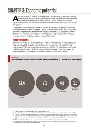 20
CHAPTER3:Economicpotential
A
As with any set of emerging technologies, it is impossible to accurately predict
the future value to the UK of the Internet of Things. Technology analysts Gartner
estimate that the Internet of Things is still 5-10 years away from unlocking
significant economic value, citing a lack of standardisation as the main obstacle to rapid
progress.23
However, the potential gains are extraordinary. According to McKinsey, the Internet
of Things has the potential to add $6.2 trillion to the global economy by 2025.24
Other
estimates range from $1.9 to $14.4 trillion of global economic value added by 2020.25
The UK has competitive strengths on which to build, and growing clusters of highly
innovative activity that could capture a share of this value.
Findingthebenefits
The Internet of Things will affect different sectors of the economy at different speeds.
Approximately 25% of global manufacturers are already using Internet of Things
technologies.26
This is anticipated to grow to over 80% by 2025, leading to a potential
global economic uplift of $2.3 trillion in manufacturing alone.27
Mining company Rio
Tinto already attributes over $300 million in savings to these technologies.28
Figure 5:
Industry projections for Global Economic Value of the Internet of Things in 2020 ($ trillions)25
Cisco
IDC
Machina
Gartner
14.4 7.1 4.5 1.9
23 ‘Gartner’s Hype Cycle Special Report for 2014’, Gartner Research, 2014
24 ‘Disruptive technologies: advances that will transform life, business, and the global economy’, McKinsey Global Institute, 2013
25 ‘Forecast: The Internet of Things, Worldwide, 2013’, Gartner, 2013; ‘Worldwide and Regional Internet of Things (IoT) 2014-2020
Forecast: A Virtuous Circle of Proven Value and Demand’, IDC, 2014; ‘Embracing the Internet of Everything to capture your share
of $14.4 Trillion’, Cisco Systems, 2013; ‘The Connected Life: A USD 4.5 trillion global impact in 2020’, GSMA & Machina Research,
2012
26 ‘The Internet of Things Business Index: A quiet revolution takes place’, The Economist Intelligence Unit, 2013
27 ‘Disruptive technologies: advances that will transform life, business, and the global economy’, McKinsey Global Institute, 2013
28 ‘The Internet of Things is Now’, Morgan Stanley, 2014
 