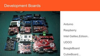 Development Boards
Arduino
Raspberry
Intel Galileo,Edison..
UDOO
BeagleBoard
CubieBoard...
 