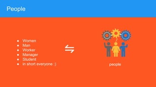 People
people
● Women
● Man
● Worker
● Manager
● Student
● in short everyone :)
 
