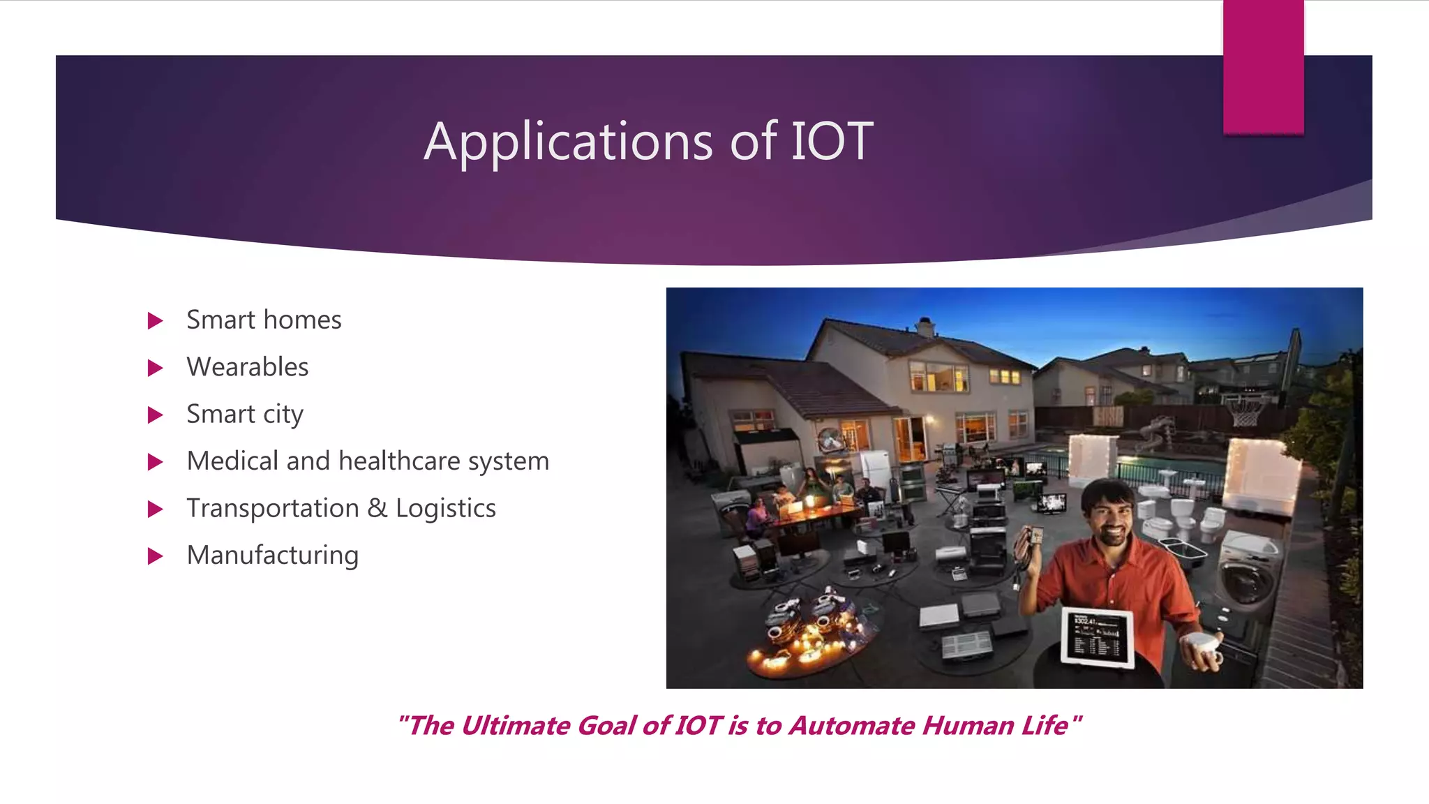 Applications of IOT
"The Ultimate Goal of IOT is to Automate Human Life"
 Smart homes
 Wearables
 Smart city
 Medical and healthcare system
 Transportation & Logistics
 Manufacturing
 