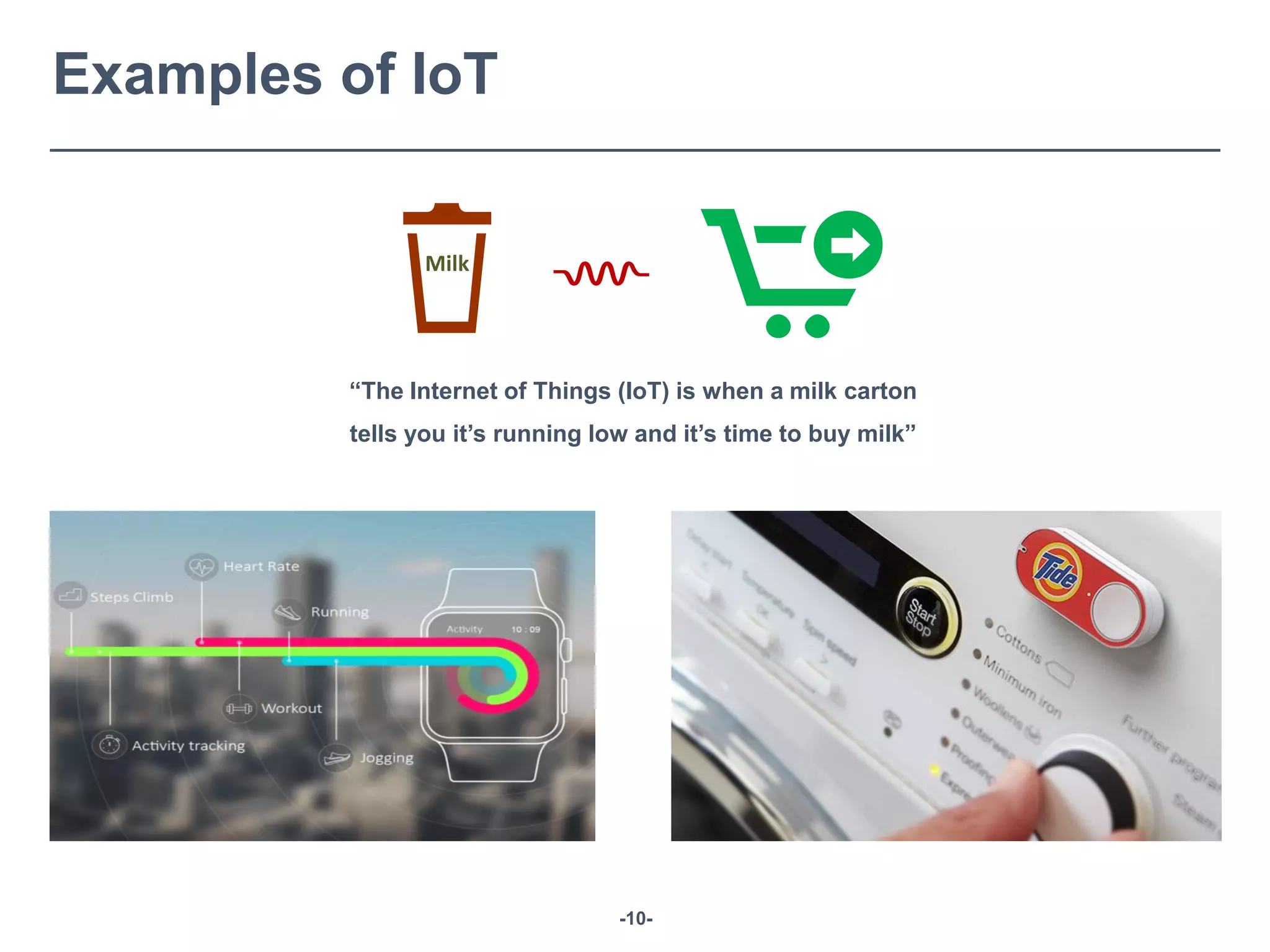 -10-
Milk
“The Internet of Things (IoT) is when a milk carton
tells you it’s running low and it’s time to buy milk”
Examples of IoT
 