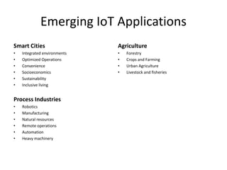 Emerging IoT Applications
Smart Cities
• Integrated environments
• Optimized Operations
• Convenience
• Socioeconomics
• Sustainability
• Inclusive living
Process Industries
• Robotics
• Manufacturing
• Natural resources
• Remote operations
• Automation
• Heavy machinery
Agriculture
• Forestry
• Crops and Farming
• Urban Agriculture
• Livestock and fisheries
 