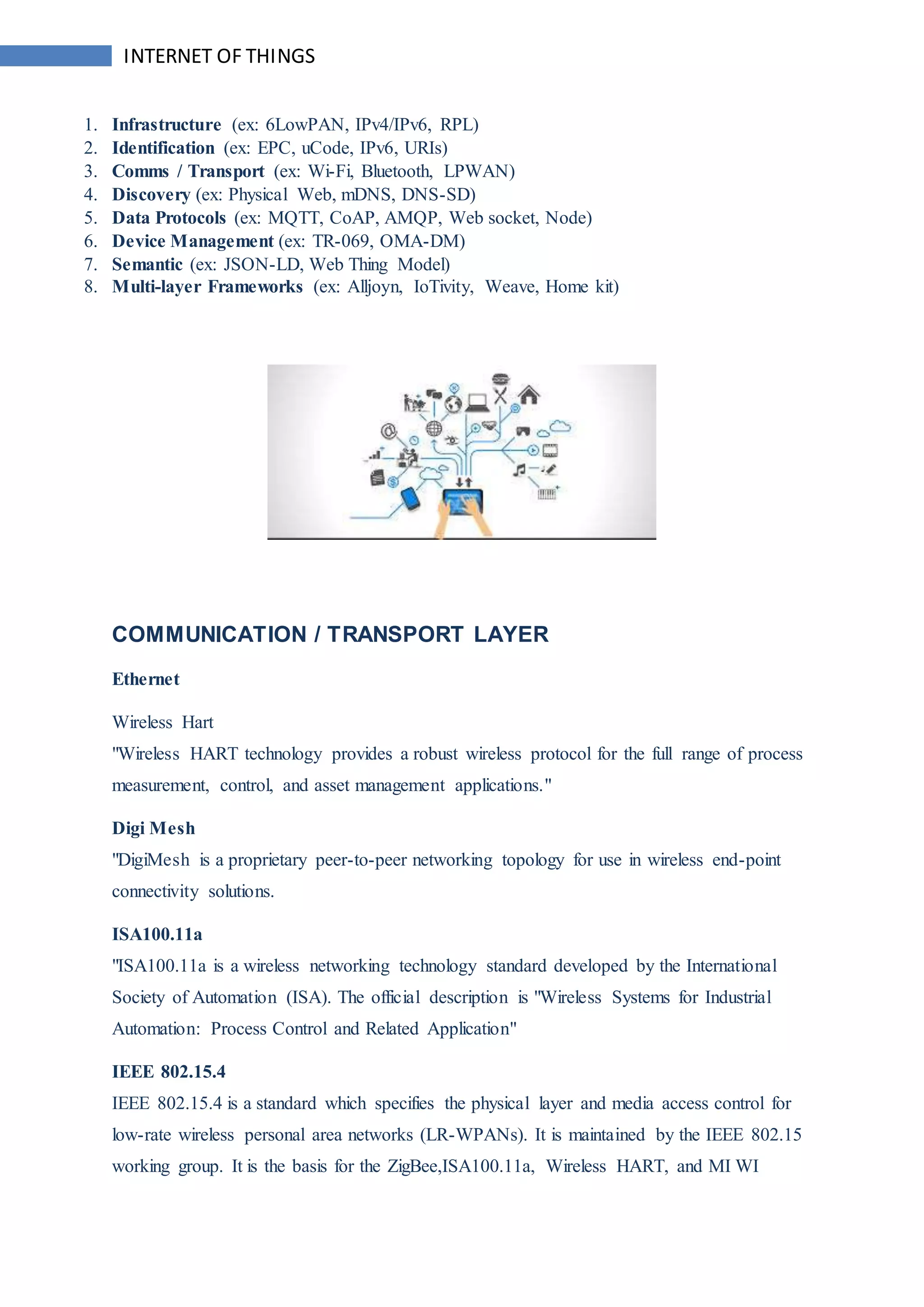 INTERNET OF THINGS
1. Infrastructure (ex: 6LowPAN, IPv4/IPv6, RPL)
2. Identification (ex: EPC, uCode, IPv6, URIs)
3. Comms / Transport (ex: Wi-Fi, Bluetooth, LPWAN)
4. Discovery (ex: Physical Web, mDNS, DNS-SD)
5. Data Protocols (ex: MQTT, CoAP, AMQP, Web socket, Node)
6. Device Management (ex: TR-069, OMA-DM)
7. Semantic (ex: JSON-LD, Web Thing Model)
8. Multi-layer Frameworks (ex: Alljoyn, IoTivity, Weave, Home kit)
COMMUNICATION / TRANSPORT LAYER
Ethernet
Wireless Hart
"Wireless HART technology provides a robust wireless protocol for the full range of process
measurement, control, and asset management applications."
Digi Mesh
"DigiMesh is a proprietary peer-to-peer networking topology for use in wireless end-point
connectivity solutions.
ISA100.11a
"ISA100.11a is a wireless networking technology standard developed by the International
Society of Automation (ISA). The official description is "Wireless Systems for Industrial
Automation: Process Control and Related Application"
IEEE 802.15.4
IEEE 802.15.4 is a standard which specifies the physical layer and media access control for
low-rate wireless personal area networks (LR-WPANs). It is maintained by the IEEE 802.15
working group. It is the basis for the ZigBee,ISA100.11a, Wireless HART, and MI WI
 