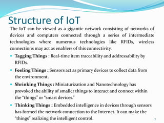 Structure of IoT
The IoT can be viewed as a gigantic network consisting of networks of
devices and computers connected through a series of intermediate
technologies where numerous technologies like RFIDs, wireless
connections may act as enablers of this connectivity.
 Tagging Things : Real-time item traceability and addressability by
RFIDs.
 Feeling Things : Sensors act as primary devices to collect data from
the environment.
 Shrinking Things : Miniaturization and Nanotechnology has
provoked the ability of smaller things to interact and connect within
the “things” or “smart devices.”
 Thinking Things : Embedded intelligence in devices through sensors
has formed the network connection to the Internet. It can make the
“things” realizing the intelligent control. 7
 