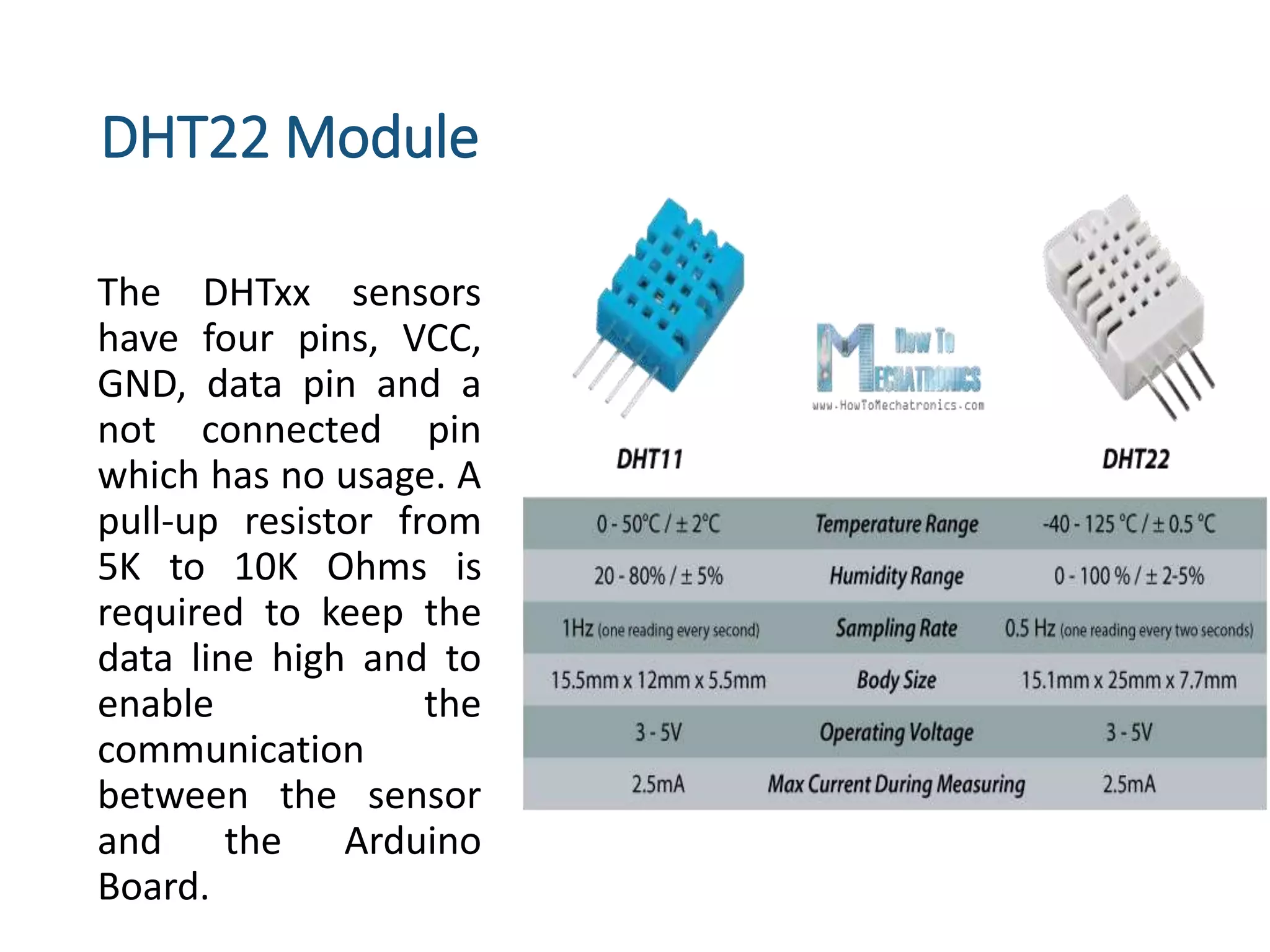 DHT22 Module
The DHTxx sensors
have four pins, VCC,
GND, data pin and a
not connected pin
which has no usage. A
pull-up resistor from
5K to 10K Ohms is
required to keep the
data line high and to
enable the
communication
between the sensor
and the Arduino
Board.
 