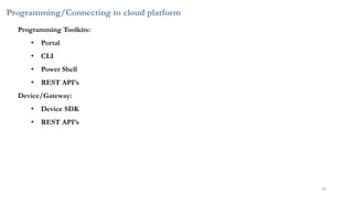 Programming/Connecting to cloud platform
26
Programming Toolkits:
• Portal
• CLI
• Power Shell
• REST API’s
Device/Gateway:
• Device SDK
• REST API’s
 