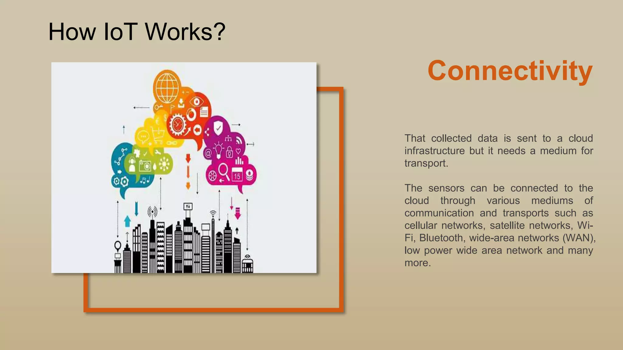 Connectivity
That collected data is sent to a cloud
infrastructure but it needs a medium for
transport.
The sensors can be connected to the
cloud through various mediums of
communication and transports such as
cellular networks, satellite networks, Wi-
Fi, Bluetooth, wide-area networks (WAN),
low power wide area network and many
more.
How IoT Works?
 