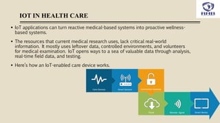 IOT IN HEALTH CARE
 IoT applications can turn reactive medical-based systems into proactive wellness-
based systems.
 The resources that current medical research uses, lack critical real-world
information. It mostly uses leftover data, controlled environments, and volunteers
for medical examination. IoT opens ways to a sea of valuable data through analysis,
real-time field data, and testing.
 Here’s how an IoT-enabled care device works.
 