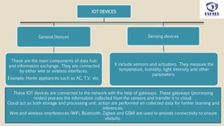 IOT DEVICES
General Devices
These are the main components of data hub
and information exchange. They are connected
by either wire or wireless interfaces.
Example: Home appliances such as AC, T.V. etc.
Sensing devices
It include sensors and actuators. They measure the
temperature, humidity, light intensity and other
parameters.
These IOT devices are connected to the network with the help of gateways. These gateways (processing
nodes) process the information collected from the sensors and transfer it to cloud.
Cloud act as both storage and processing unit, action are performed on collected data for further learning and
inferences.
Wire and wireless interferences (WiFi, Bluetooth, Zigbee and GSM) are used to provide connectivity to ensure
ubiquity.
 