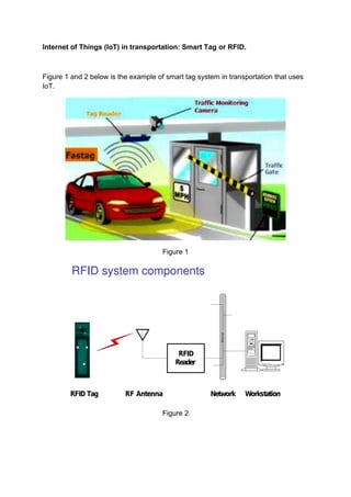 Internet of Things (IoT) in transportation: Smart Tag or RFID.
Figure 1 and 2 below is the example of smart tag system in transportation that uses
IoT.
Figure 1
Figure 2
 