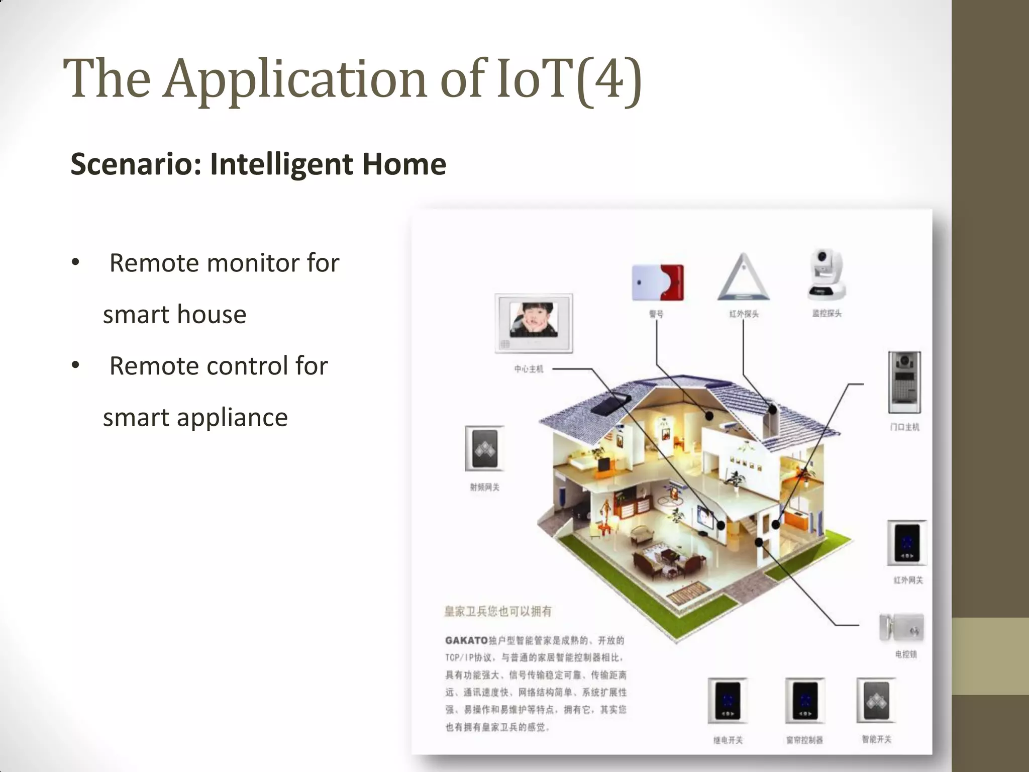 The Application of IoT(4)
Scenario: Intelligent Home
• Remote monitor for
smart house
• Remote control for
smart appliance
 