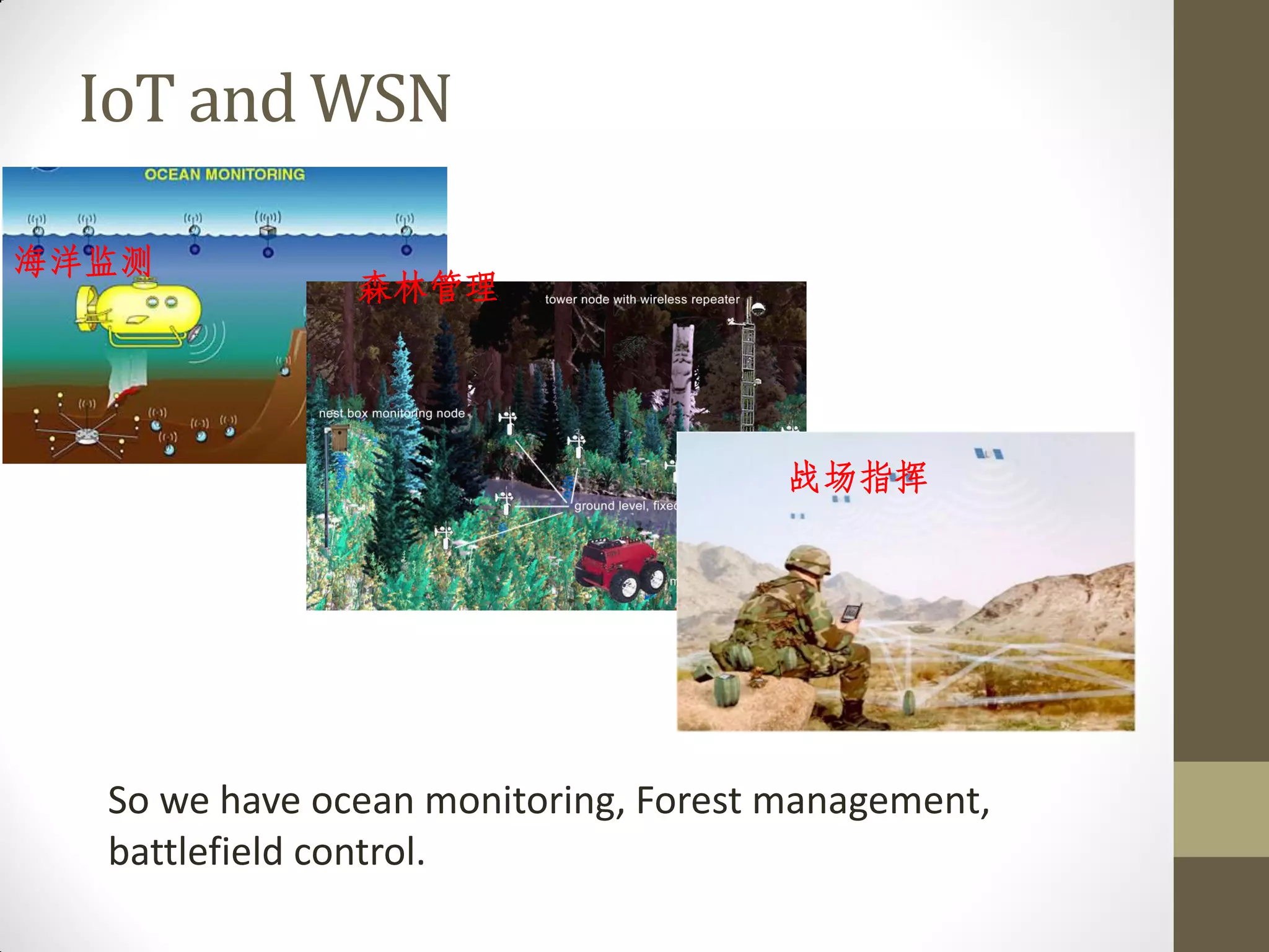 IoT and WSN
海洋监测
森林管理
战场指挥
So we have ocean monitoring, Forest management,
battlefield control.
 