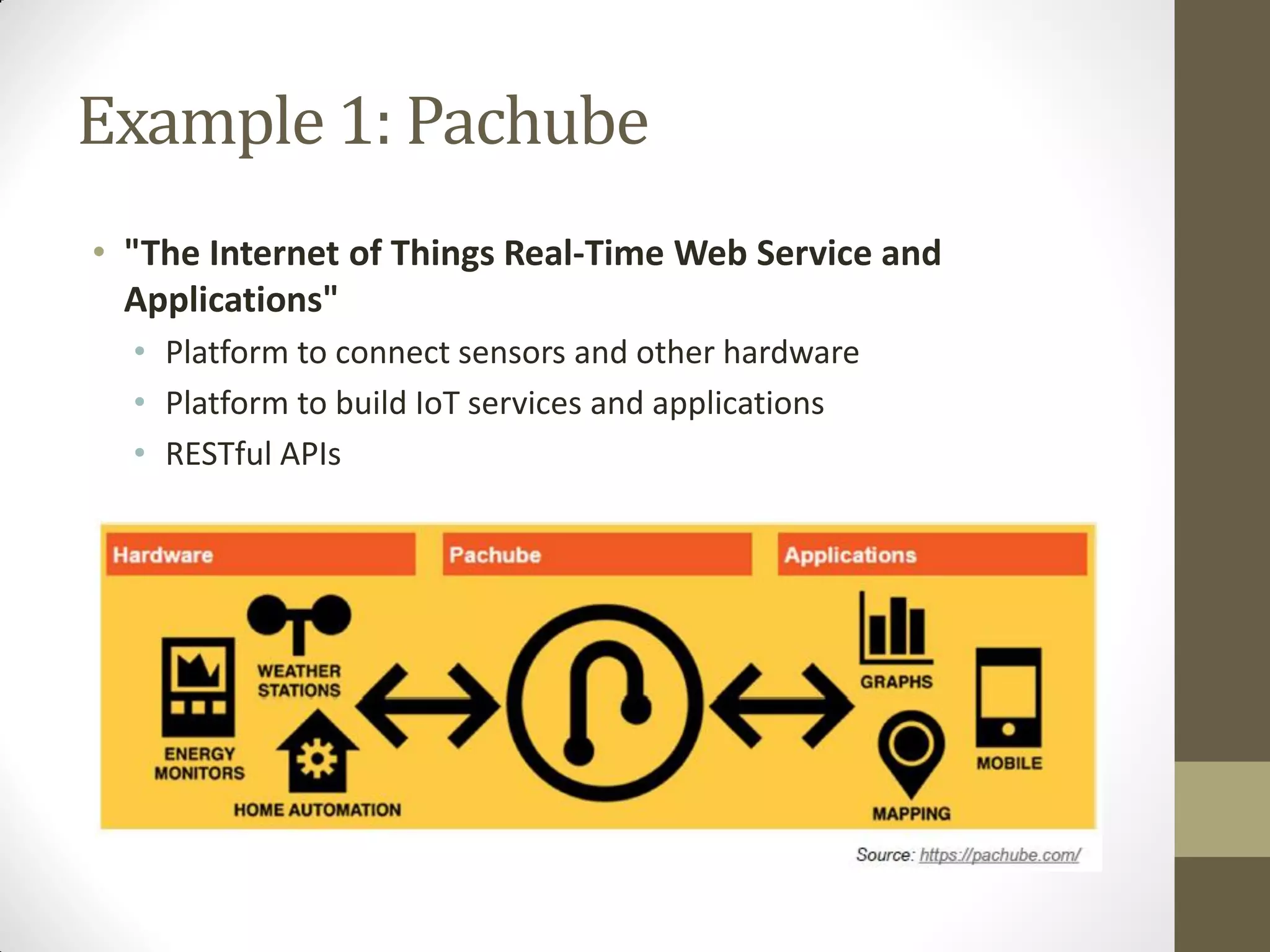 Example 1: Pachube
• "The Internet of Things Real-Time Web Service and
Applications"
• Platform to connect sensors and other hardware
• Platform to build IoT services and applications
• RESTful APIs
 
