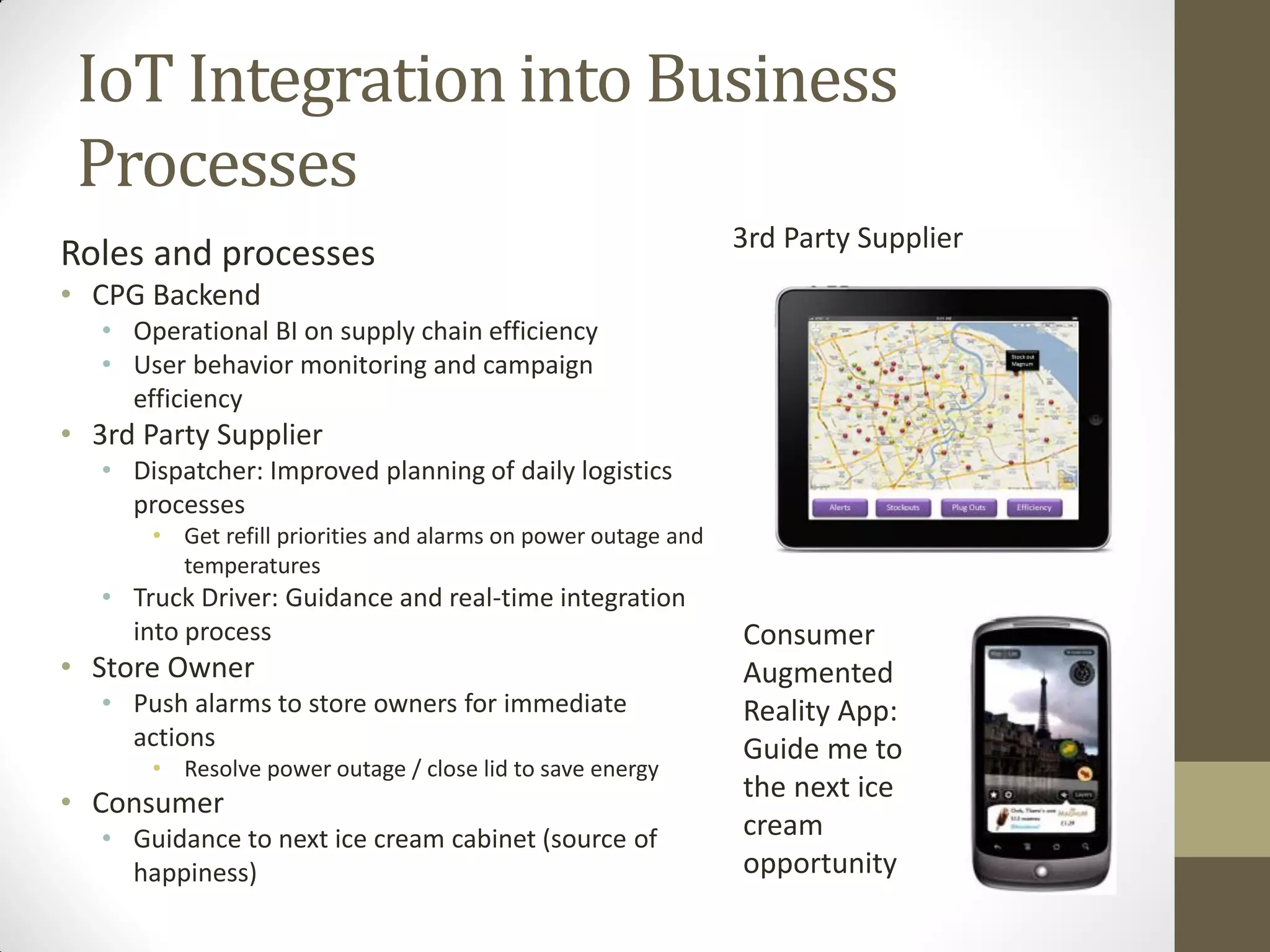 IoT Integration into Business
Processes
Roles and processes
• CPG Backend
• Operational BI on supply chain efficiency
• User behavior monitoring and campaign
efficiency
• 3rd Party Supplier
• Dispatcher: Improved planning of daily logistics
processes
• Get refill priorities and alarms on power outage and
temperatures
• Truck Driver: Guidance and real-time integration
into process
• Store Owner
• Push alarms to store owners for immediate
actions
• Resolve power outage / close lid to save energy
• Consumer
• Guidance to next ice cream cabinet (source of
happiness)
3rd Party Supplier
Consumer
Augmented
Reality App:
Guide me to
the next ice
cream
opportunity
 