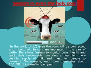 Sensors in even the holy cow!
In the world of IoT
, even the cows will be connected
and monitored. Sensors are implanted in the ears of
cattle. This allows farmers to monitor cows’ health and
track their movements, ensuring a healthier, more
plentiful supply of milk and meat for people to
consume. On average, each cow generates about
200 MB of information per year.
 