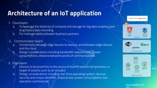 Richard.Kang@hv.io ©
2021
Architecture of an IoT application
1. Cloud layers
a. To leverage the elasticity of compute and storage for big data analytics and
long history data recording
b. For interoperability between business partners
2. Communication layers
a. Connectivity between edge devices to devices, and between edge devices
and the cloud
b. Design considerations including bandwidth requirements, power
consumptions, distance between points of communications
3. Edge layers
a. Devices to be proximity to the source of events such as temperature, or
target of actions such as an actuator
b. Design considerations including real-time operating system, devices
security and unique identifier, physical size, power consumptions, low
operation overhead etc.
 