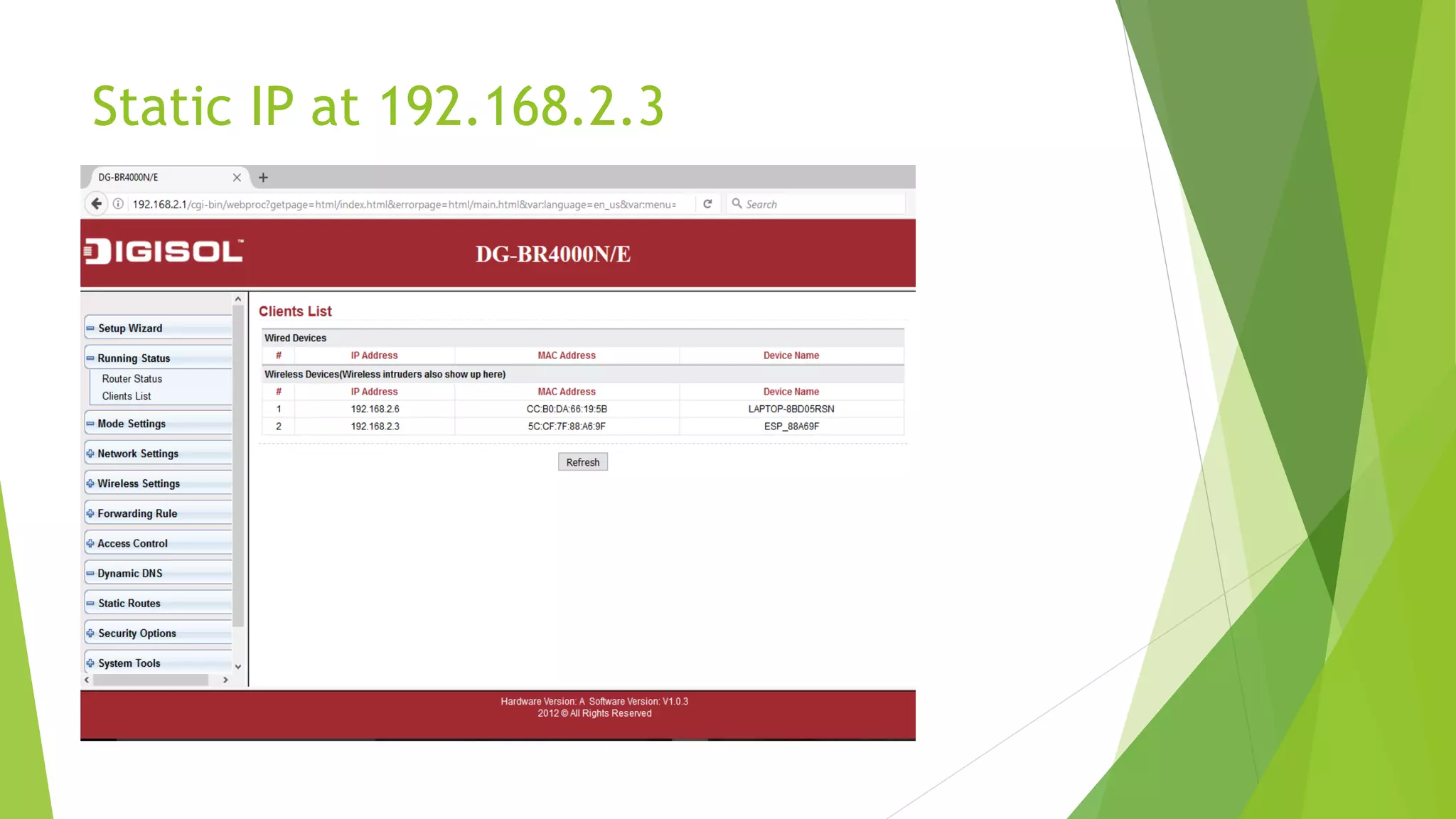 Static IP at 192.168.2.3 