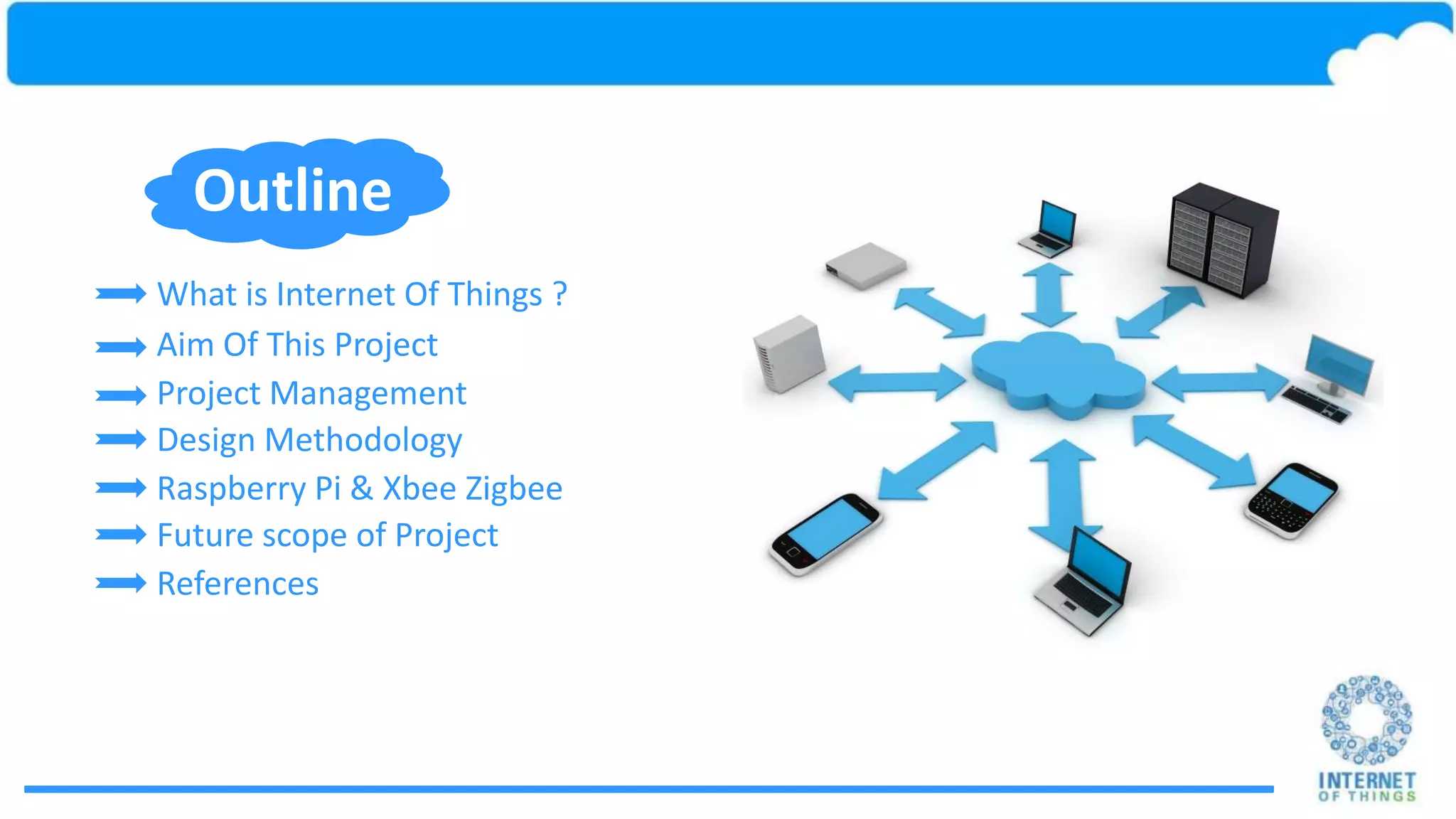 Outline What is Internet Of Things ? What is Internet Of Things ? What is Internet Of Things ? Aim Of This Project Project Management Design Methodology Future scope of Project References Raspberry Pi & Xbee Zigbee Aim Of This Project Project Management Future scope of ProjectDesign Methodology Raspberry Pi & Xbee Zigbee 