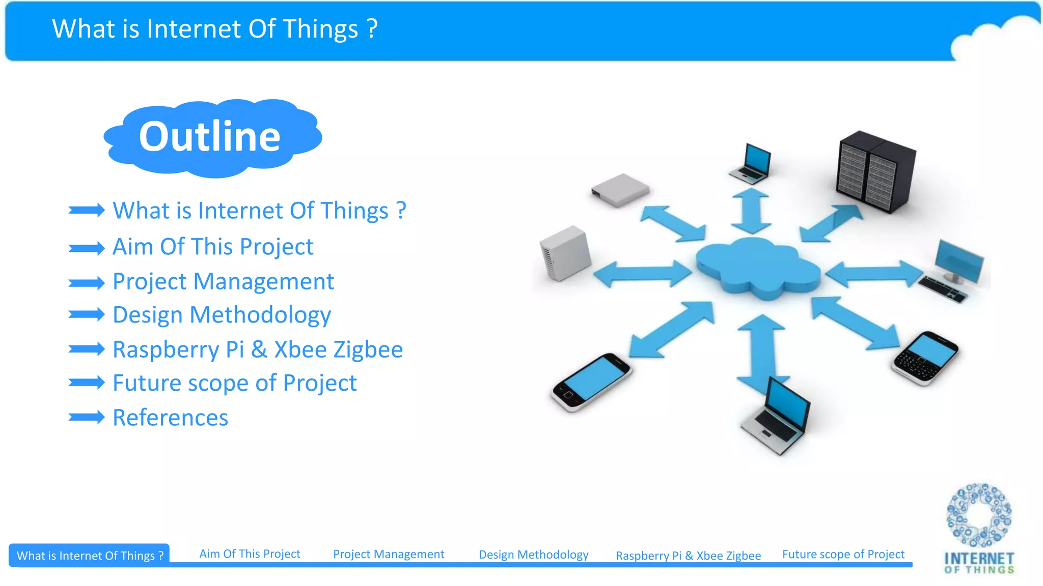 What is Internet Of Things ? The Internet of Things (IoT) is a scenario in which objects, animals or people are provided with unique identifiers and the ability to automatically transfer data over a network without requiring human-to- human or human-to-computer interaction. IoT has evolved from the convergence of wireless technologies, micro- electromechanical systems (MEMS) and the Internet. What is Internet Of Things ? Aim Of This Project Project Management Future scope of ProjectDesign Methodology Raspberry Pi & Xbee Zigbee 