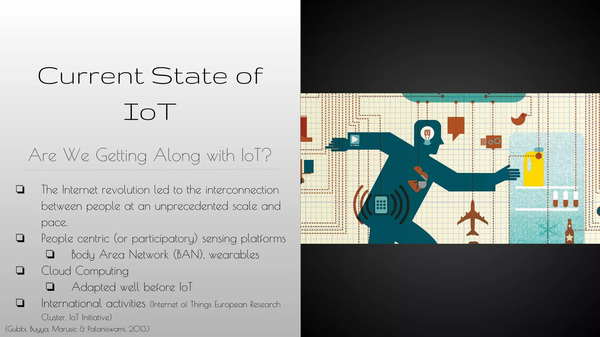 Current State of
IoT
Are We Getting Along with IoT?
❏ The Internet revolution led to the interconnection
between people at an unprecedented scale and
pace.
❏ People centric (or participatory) sensing platforms
❏ Body Area Network (BAN), wearables
❏ Cloud Computing
❏ Adapted well before IoT
❏ International activities (Internet of Things European Research
Cluster, IoT Initiative)
(Gubbi, Buyya, Marusic & Palaniswami, 2013,)
 