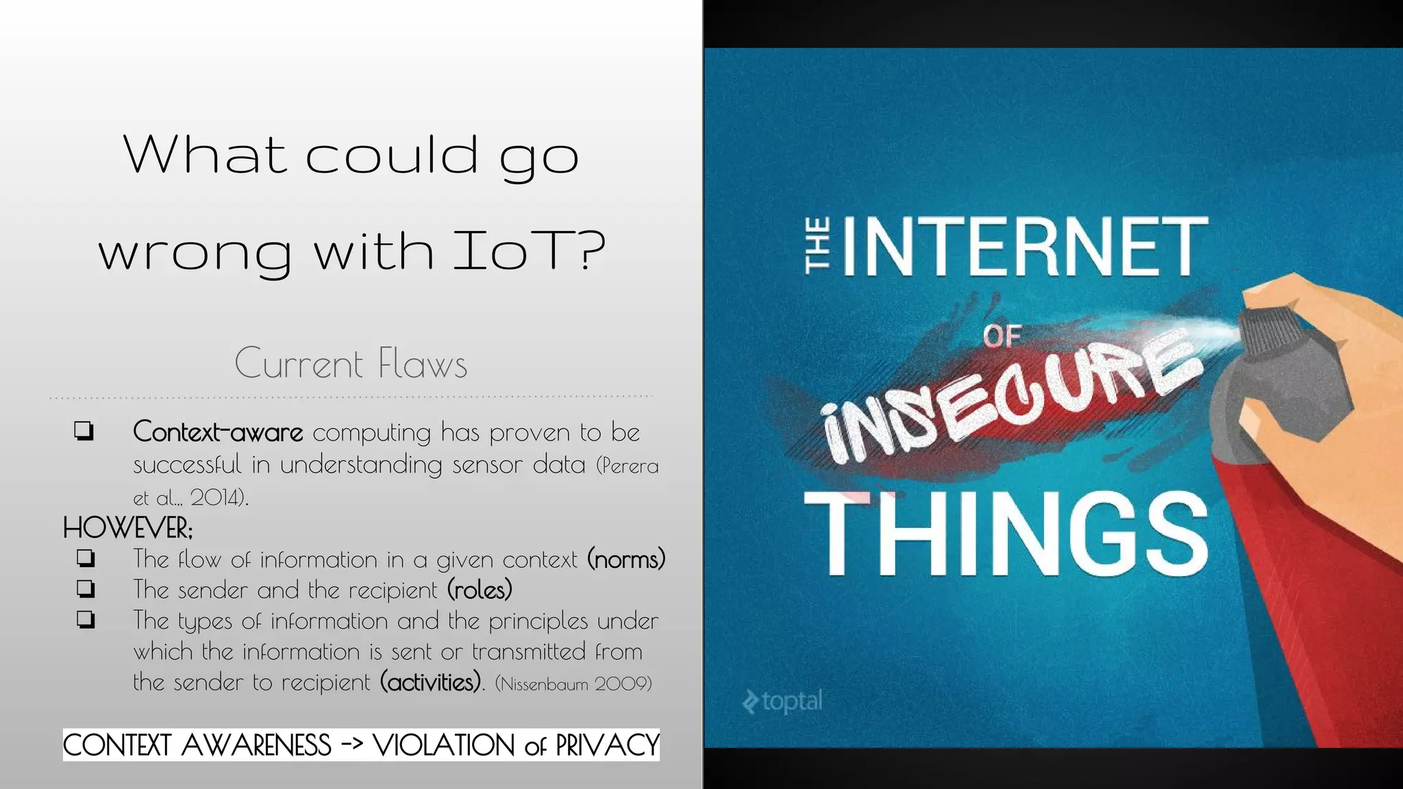 What could go
wrong with IoT?
Current Flaws
❏ Context-aware computing has proven to be
successful in understanding sensor data (Perera
et al.,, 2014).
HOWEVER;
❏ The flow of information in a given context (norms)
❏ The sender and the recipient (roles)
❏ The types of information and the principles under
which the information is sent or transmitted from
the sender to recipient (activities). (Nissenbaum 2009)
CONTEXT AWARENESS -> VIOLATION of PRIVACY
 