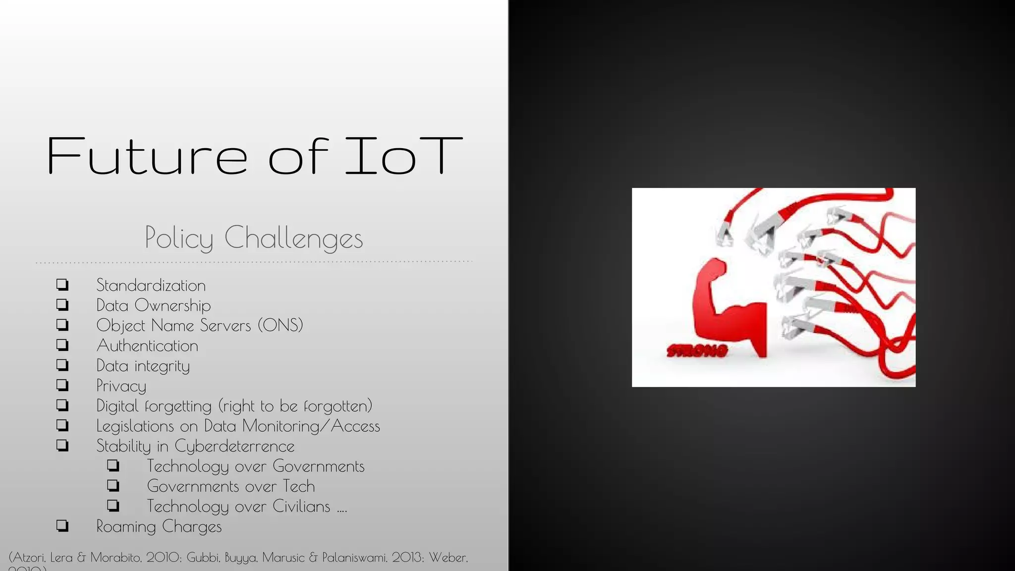 Future of IoT
Policy Challenges
❏ Standardization
❏ Data Ownership
❏ Object Name Servers (ONS)
❏ Authentication
❏ Data integrity
❏ Privacy
❏ Digital forgetting (right to be forgotten)
❏ Legislations on Data Monitoring/Access
❏ Stability in Cyberdeterrence
❏ Technology over Governments
❏ Governments over Tech
❏ Technology over Civilians ….
❏ Roaming Charges
(Atzori, Lera & Morabito, 2010; Gubbi, Buyya, Marusic & Palaniswami, 2013; Weber,
 