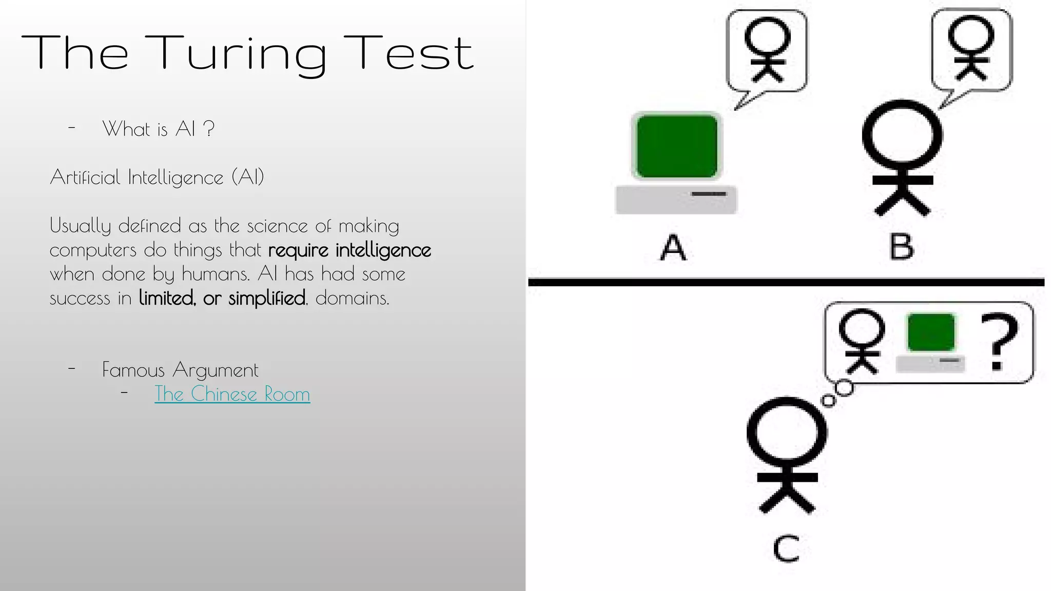 The Turing Test
- What is AI ?
Artificial Intelligence (AI)
Usually defined as the science of making
computers do things that require intelligence
when done by humans. AI has had some
success in limited, or simplified, domains.
- Famous Argument
- The Chinese Room
 