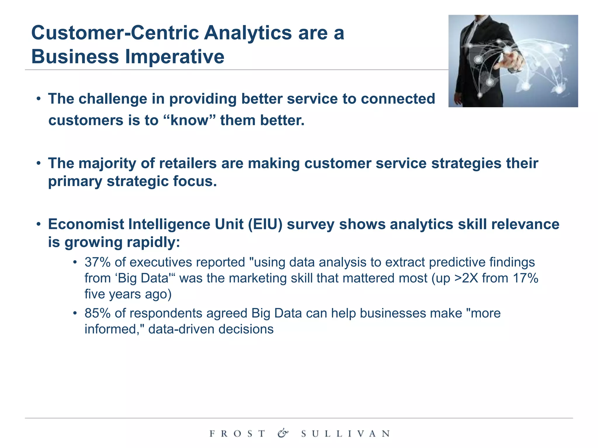 Customer-Centric Analytics are a
Business Imperative
• The challenge in providing better service to connected
customers is to “know” them better.
• The majority of retailers are making customer service strategies their
primary strategic focus.
• Economist Intelligence Unit (EIU) survey shows analytics skill relevance
is growing rapidly:
• 37% of executives reported "using data analysis to extract predictive findings
from „Big Data'“ was the marketing skill that mattered most (up >2X from 17%
five years ago)
• 85% of respondents agreed Big Data can help businesses make "more
informed," data-driven decisions

 